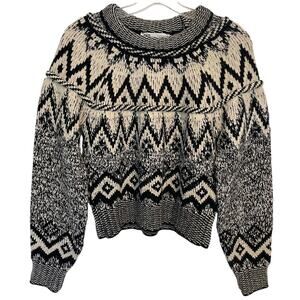 Zara Jaquard Knit Dream Sweater Womens Medium Black & Cream Mock Neck Wool Blend